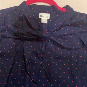 Long sleeve blue & orange blouse w/ a bow at neck